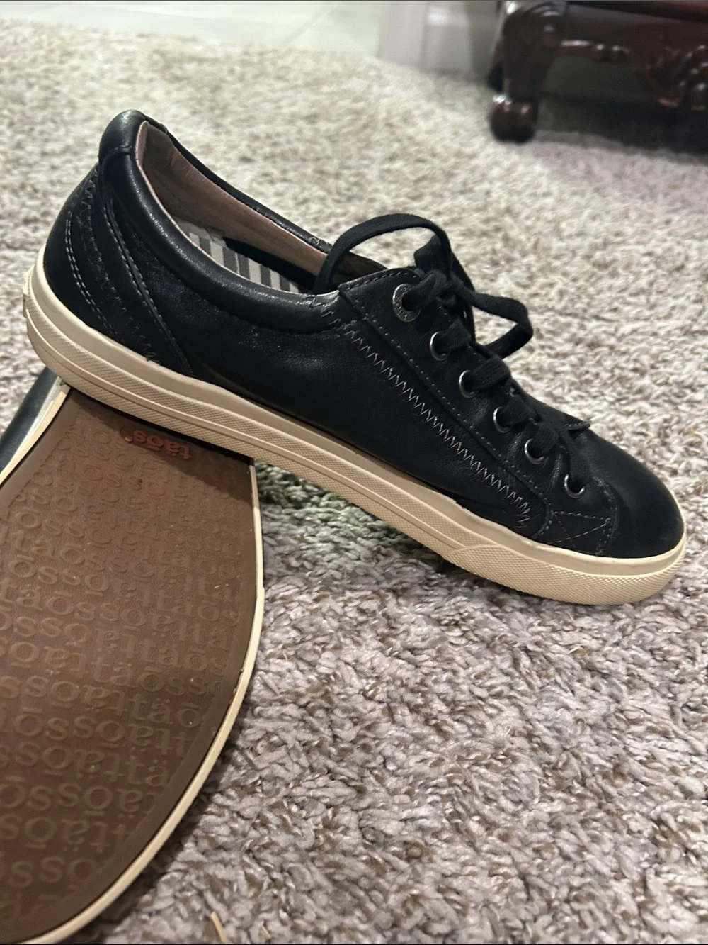 Women’s Black Leather Lace-Up Sneakers with Cream Sole